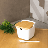 Saleiro de Mesa Ceramica com Tampa e Colher Branca 400ml - Ela Decora